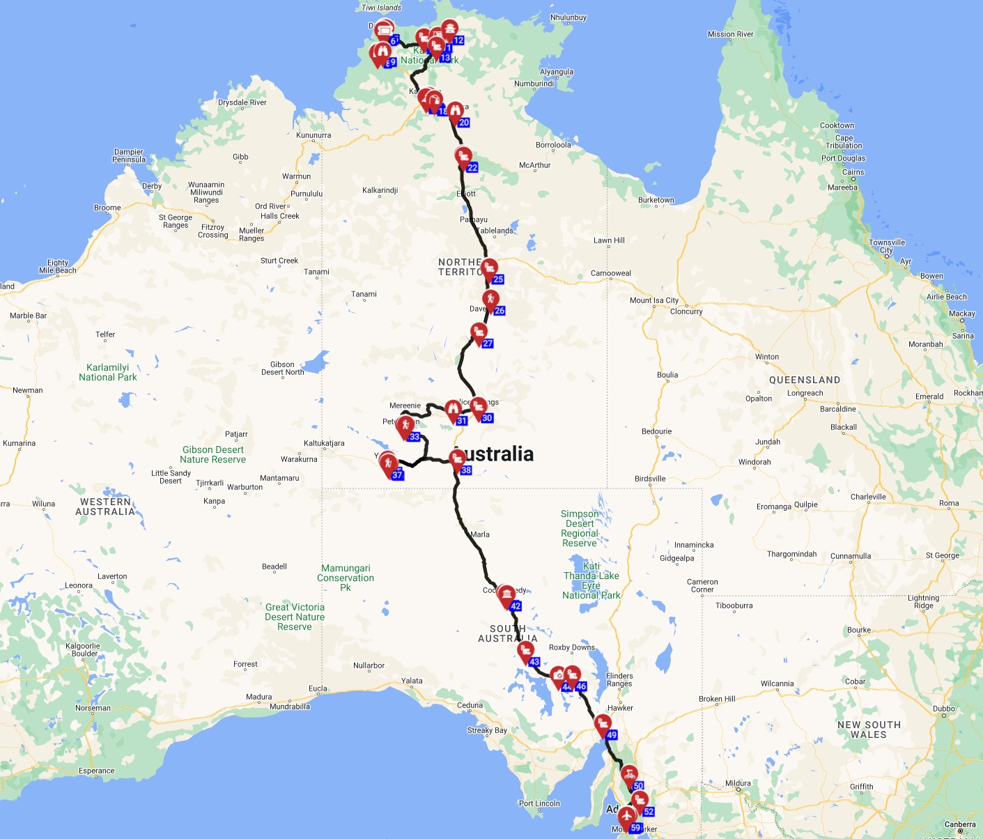 Map for Darwin to Adelaide Including Uluru